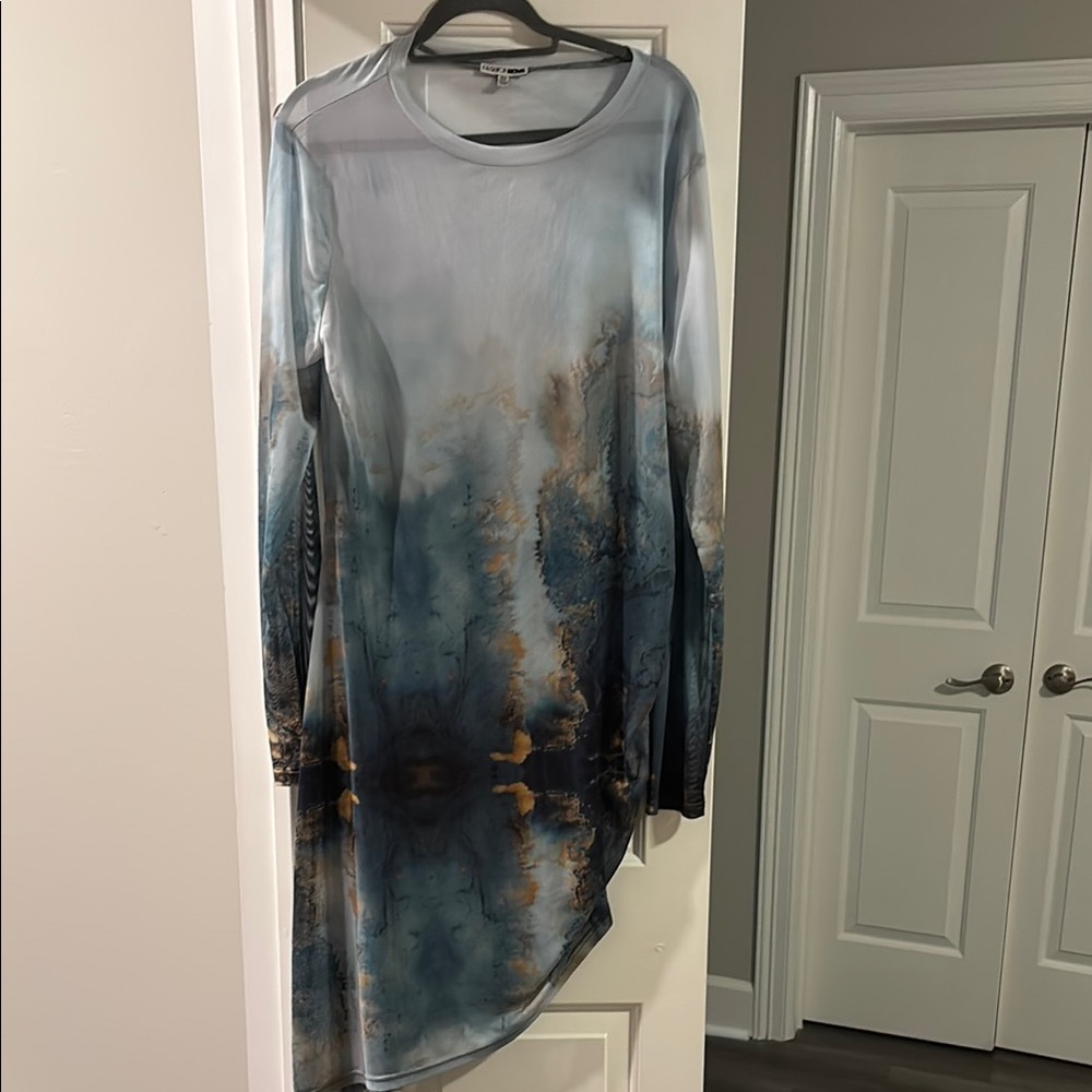 Blue and Brown Tie-Dye Long Sleeve mesh Dress